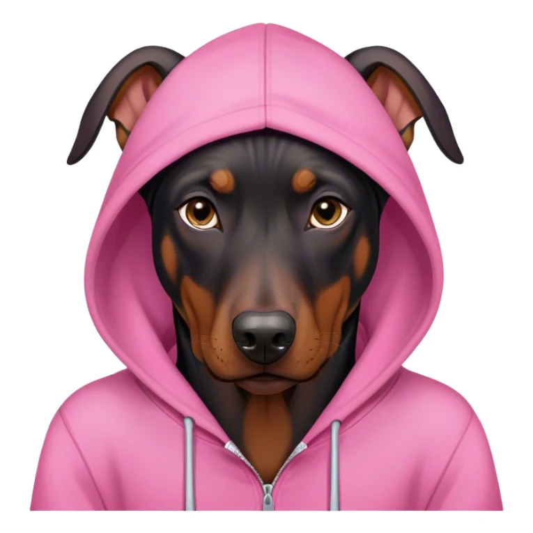 A doberman in a pink hoodie sticker
