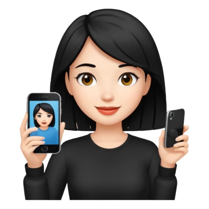 influencer girl black haired, phone in hand, recording herself, confident, trendy, sticker