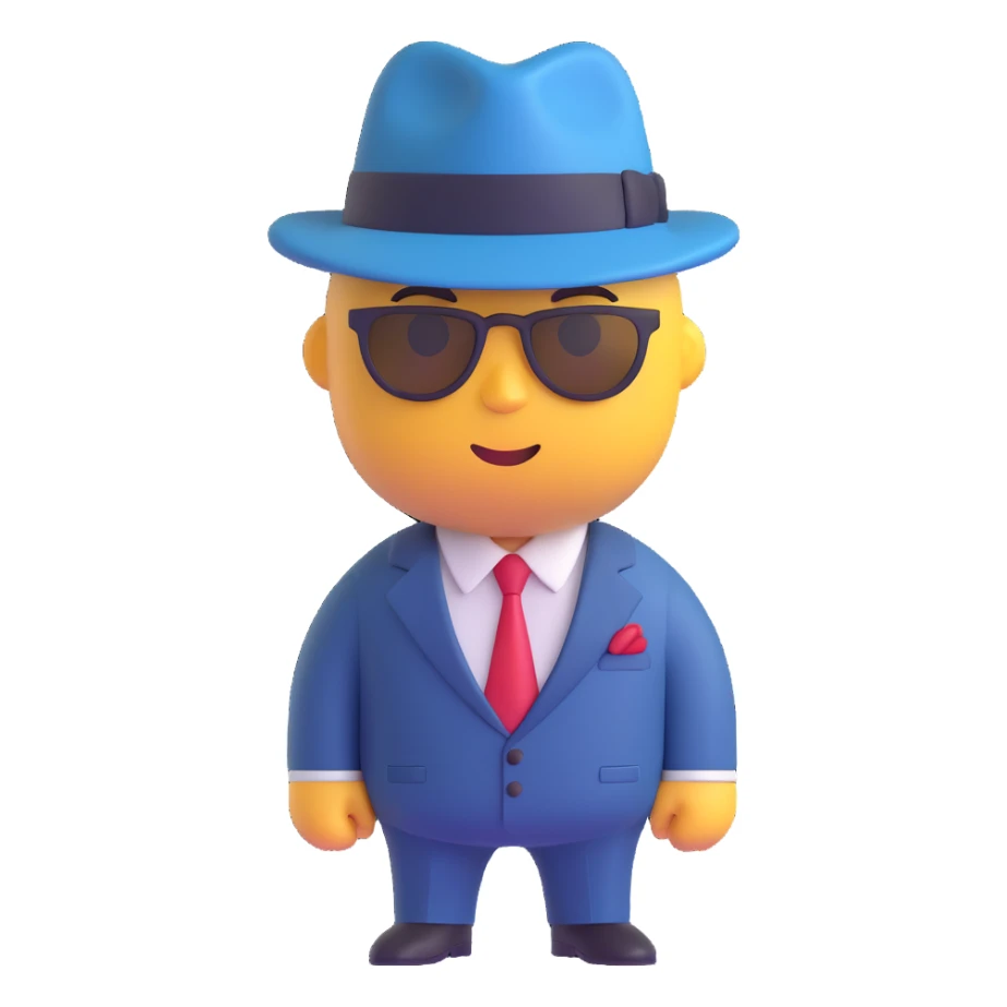 gangster character, 3D emoji style, sharp suit, fedora, confident stance sticker