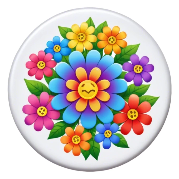 A round hippie colored button with rainbow colored flowers in the center sticker