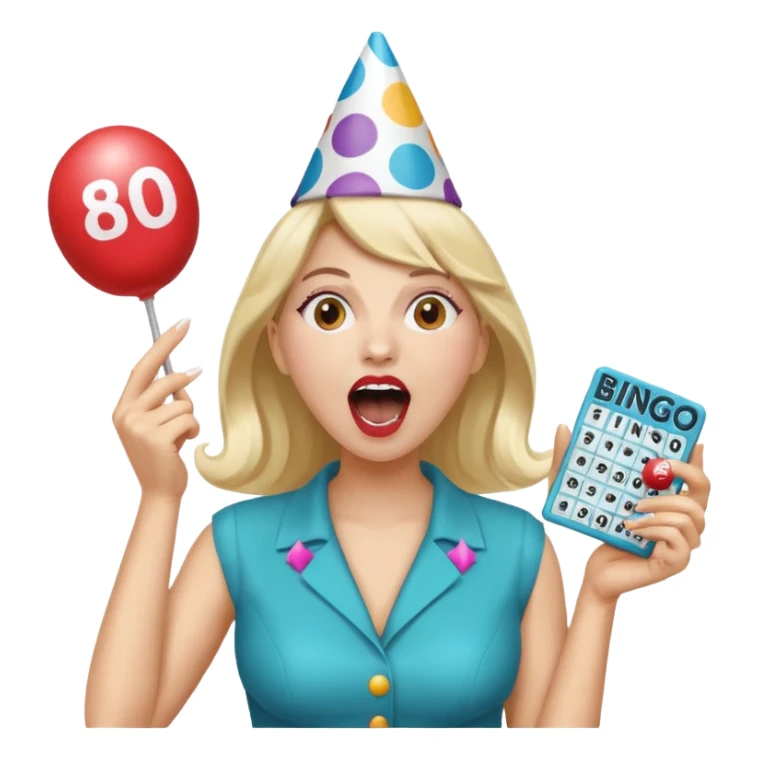 woman shouting bingo with bingo card sticker