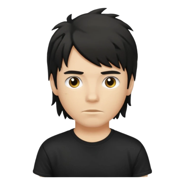 a light tan boy with messy a black mullet. wearing a black tshirt sticker