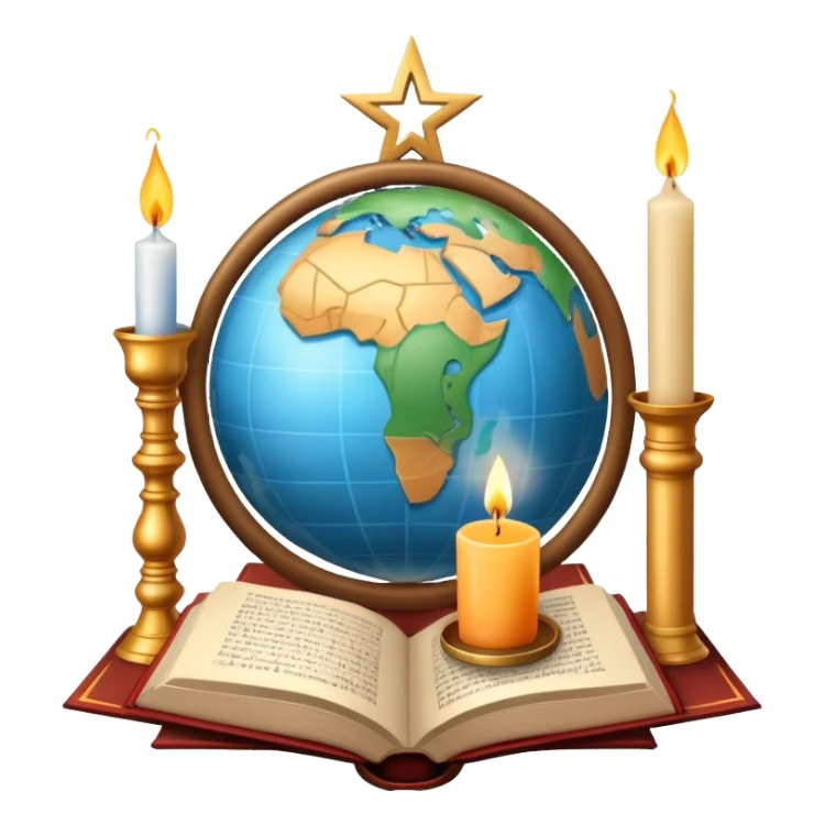 An icon featuring a holy book, a candle, a cross, and Islamic crescent and star, alongside a Buddhist wheel of Dharma, symbolizing religious studies. The design includes a globe with these symbols, representing the diversity of beliefs. Transparent background  sticker