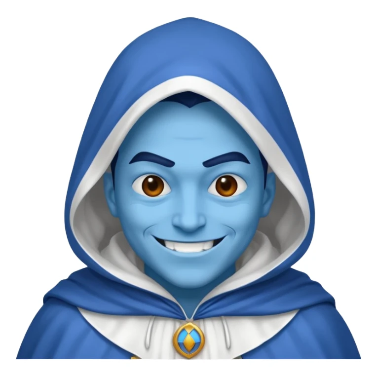 villain smiling with a white cloak, blue skin sticker