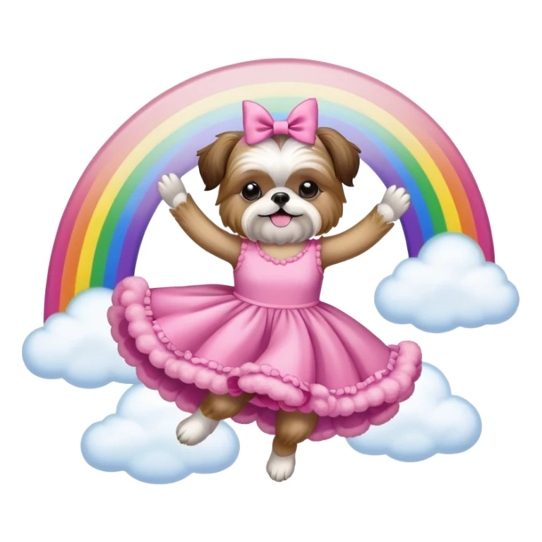Shih-tzu wearing fluffy pink dress jumping over a rainbow  sticker