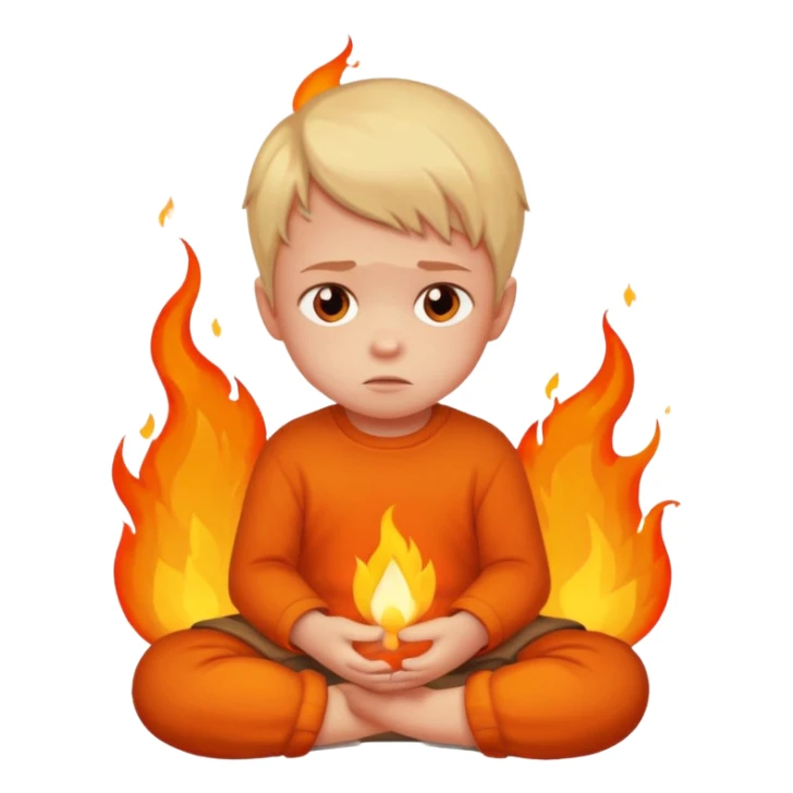 apple style emoji of a small child sitting sadly with fire around sticker