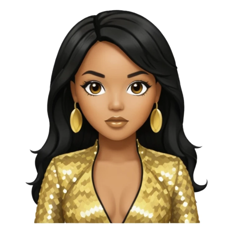 LeToya Luckett with long black hair, gold sequin outfit sticker