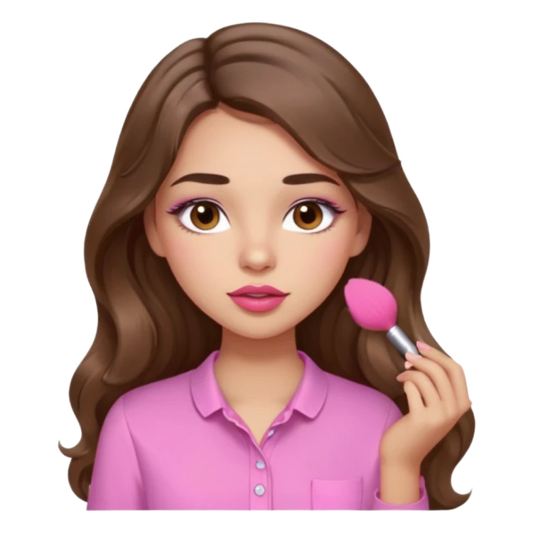 girl with long wavy brown hair, brown eyes, light to medium complexion, in a pink shirt, pink lips, long lashes, puckered lips, putting on blush sticker