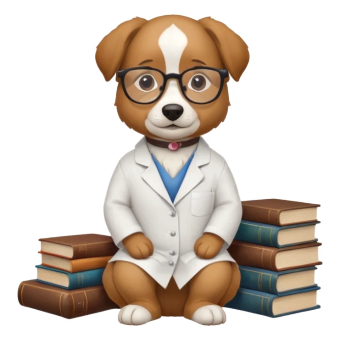 Wise dog with glasses, wearing a lab coat, perched on a stack of books. sticker