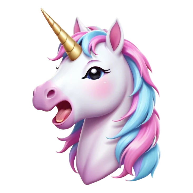 Cinematic Cute Yawning Unicorn Pony Portrait Emoji, Head tilted slightly with a dramatic, wide-open yawn, showcasing a petite, softly glowing form with a gently drooping mane, a subtle, shimmering horn and sleepy, half-closed eyes, Simplified yet irresistibly adorable features, highly detailed, glowing with a soft, cozy pastel glow, high shine, relaxed yet expressive, stylized with a dash of whimsical enchantment, soft glowing outline, capturing the essence of a drowsy yet affectionate unicorn pony that appears ready to stretch and yawn its way off the screen! sticker