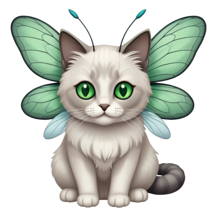 White and dark gray ragdoll Cat with dragonfly wings antennae green eyes sticker