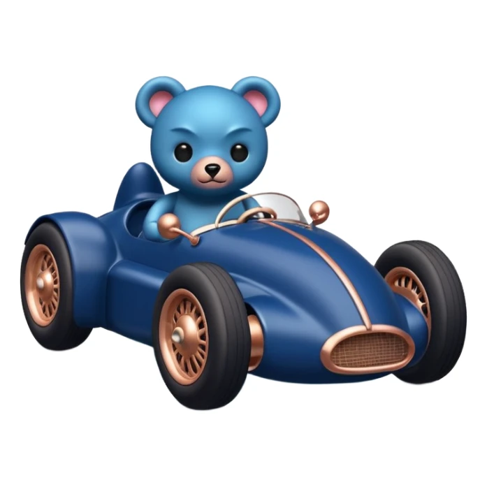 Real-proportional dark blue and rosegold-accented  retro racing car driven by furry-faced small evil alien scary teddy bear with rear spoiler sticker