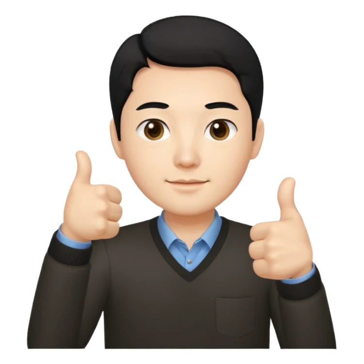 3D avatar of a Korean male frontend developer,
clean 5:5 middle part black hair,
no glasses,
close-up face portrait,
only head and one hand visible,
one hand making thumbs up gesture,
soft and friendly expression,
minimal style
 sticker