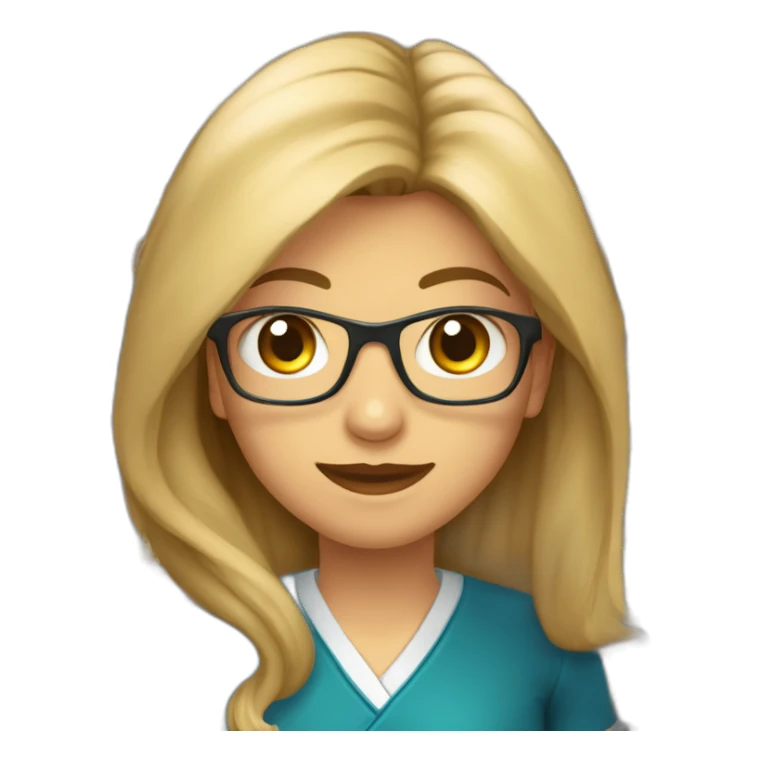 Profesora con pelo recto castaño y reflejos rubios, ojos azul verdosos, nariz pequeña, con un lunar entre la nariz y la boca  sticker
