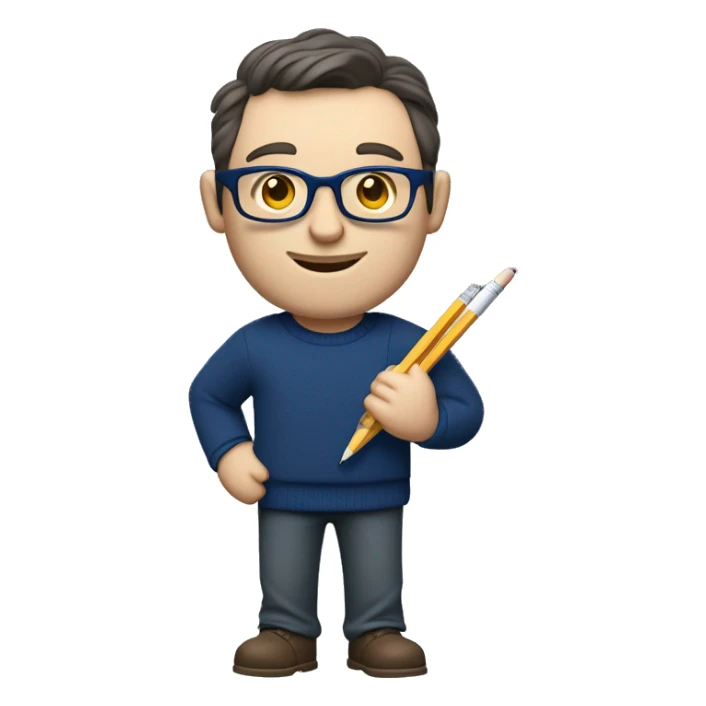 caucasian white man with dark hair, blue glasses, and carrying design plan because he is an architect carrying a pencil and a set model maquette. wearing a navy blue long sleeve sweater shirt. smart.  sticker