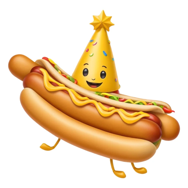 A hotdog with legs wearing a party hat sticker