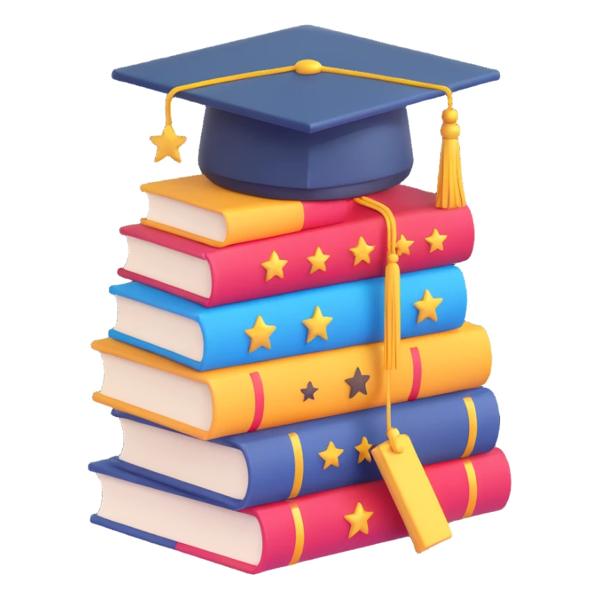 stack of books with graduation cap and gold stars sticker