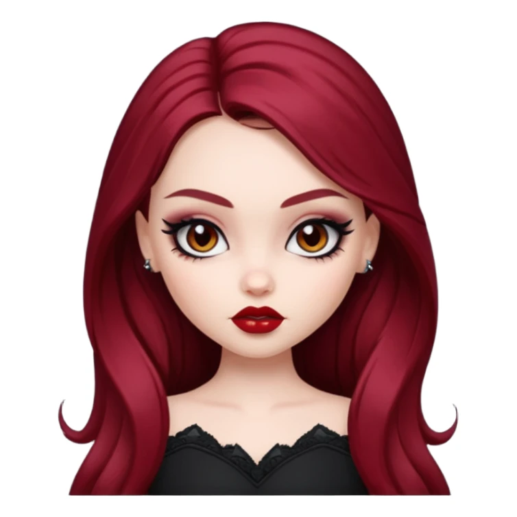 pale skin, girly bratz baddie, beautiful dark brown eyes, sharp black eyeliner, long dark red hair sticker