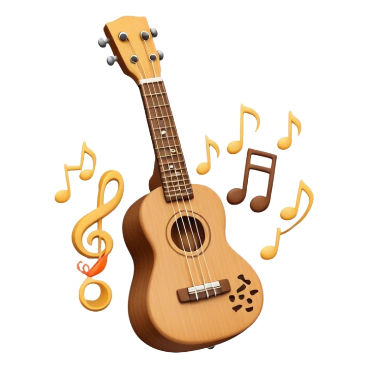 Create a cheerful and compact emoji representing a ukulele. The design should feature the small, wooden body of the ukulele with its smooth curves and visible strings. Highlight the sound hole and fretboard with subtle detailing to show the instrument’s craftsmanship. The wooden finish should be light, such as honey or natural wood tones, with dark accents for the fretboard and bridge. Add musical notes or soundwaves floating around the ukulele to evoke its bright, happy sound. The background should be transparent. sticker