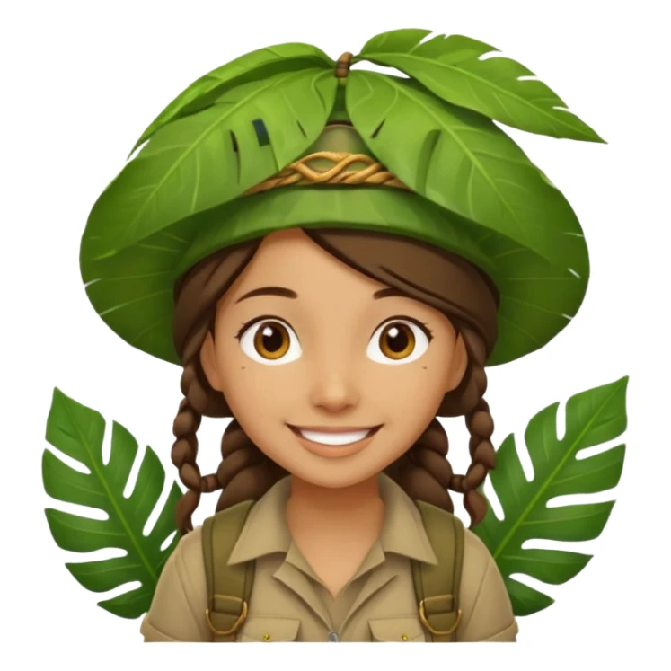 a young female explorer with jungle wearing a large leaf headgear bye and magnificer  sticker
