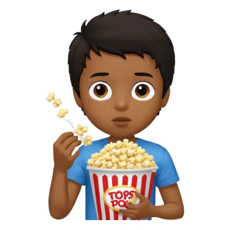 generate a pretty tan bratz boy with a brown tshirt on. eating a popcorn. messy black hair sticker