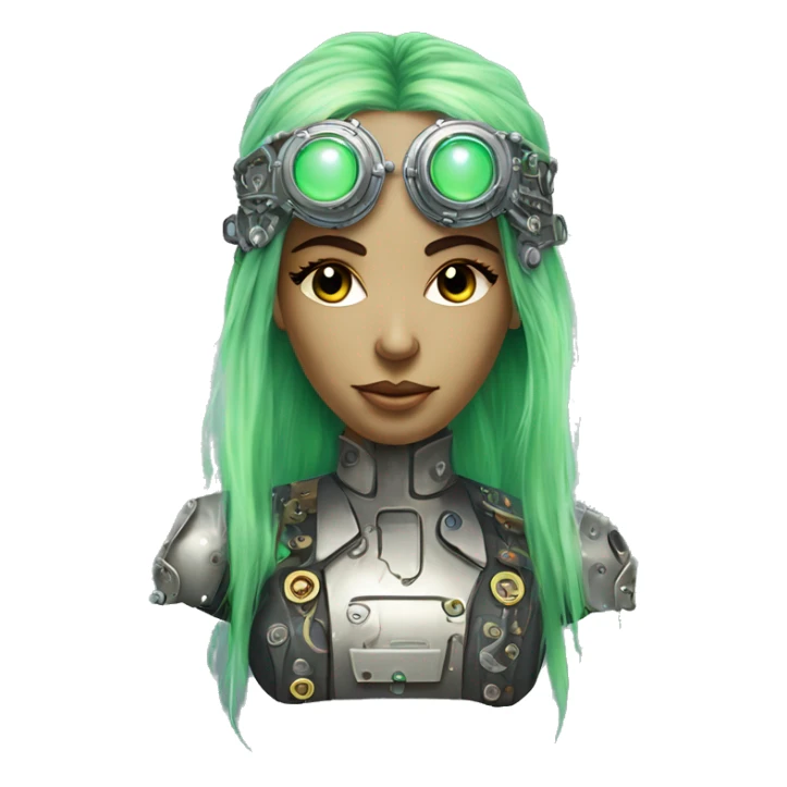 Light green long hair female cyborg head with silver steampunk headband goggles, circuits sticker