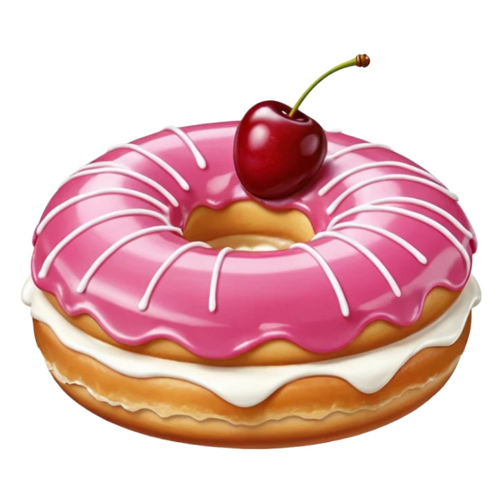 Round donut with smooth shade pink icing and thin white drizzle lines, golden-brown dough visible on the sides.
White whipped cream dollop in the center topped with a glossy red cherry and stem, clean studio lighting, pure white background, realistic minimal emoji-style. sticker