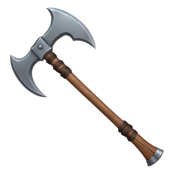 barbarian axe object icon, huge double-bladed axe, rough metal, wooden handle, leather wraps, fantasy style, 3D cartoon, mobile game icon style, centered, clean background, soft shadow, no text, no watermark
 sticker