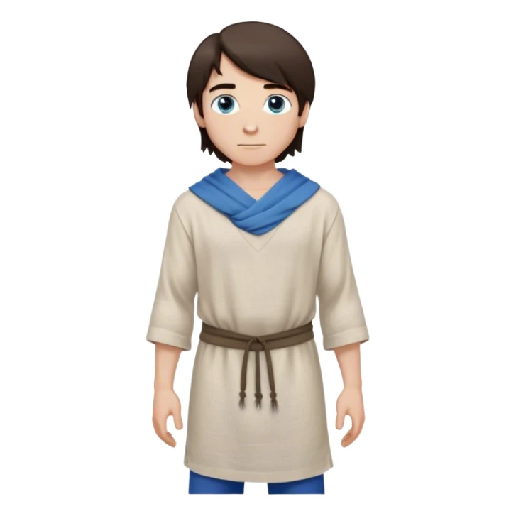 medieval spring outfit worn by a DnD themed fantasy male character. simple linen tunic with a drawstring neckline, paired with a lightweight wool shoulder wrap for mild breezes. clothes only above the waist. The clothes full waist. The character's haven't arms. character is white-skinned, dark brown hair, blue eyes, medium-length straight hair. sticker