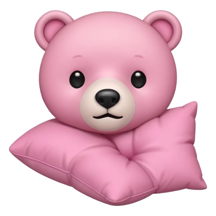 pink bear holding a pillow, true iPhone emoji style, extremely flat, minimal, iconic, simple black dot eyes, small round nose, basic mouth, soft pink color, no fur texture, no shading, no text sticker