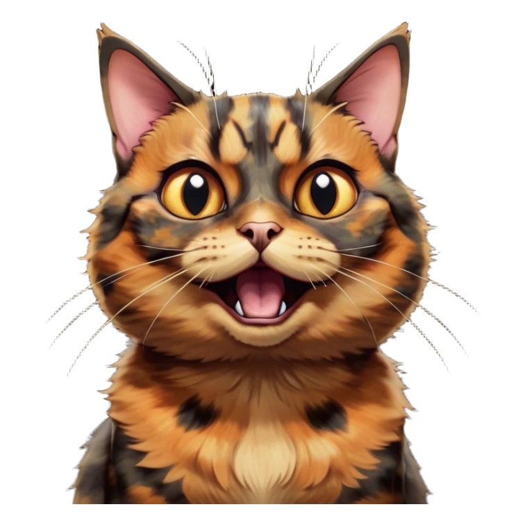 Cinematic Comical Tortoiseshell Cat Portrait Emoji, Head cocked dramatically with an over-the-top shocked expression, featuring a rich mottled fur of browns and blacks and wide, comically animated eyes full of playful disbelief, simplified yet hilariously detailed, glowing with a bold, sassy radiance, high shine, exuding a mischievous and spirited charm, styled with a soft glowing outline, capturing the essence of a tortoiseshell cat that appears ready to burst into comical antics! sticker