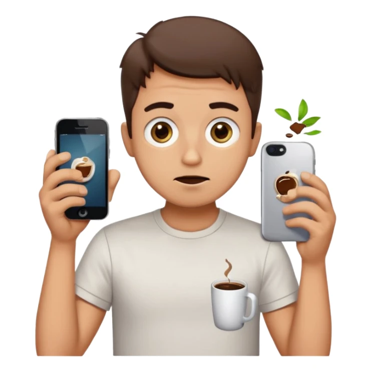 clumsy ordinary guy in classic emoji style, round head, huge shiny eyes, small mouth, awkward expression, spilled coffee on shirt, holding broken phone, thick black outline, flat vibrant colors, Apple emoji aesthetic, white background, very simple and cute sticker