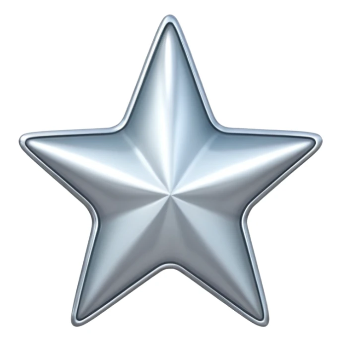 Chrome silver star emoji, iOS emoji style, glossy metallic surface, soft reflections, minimalistic, centered, clean white background, high detail, smooth gradients sticker