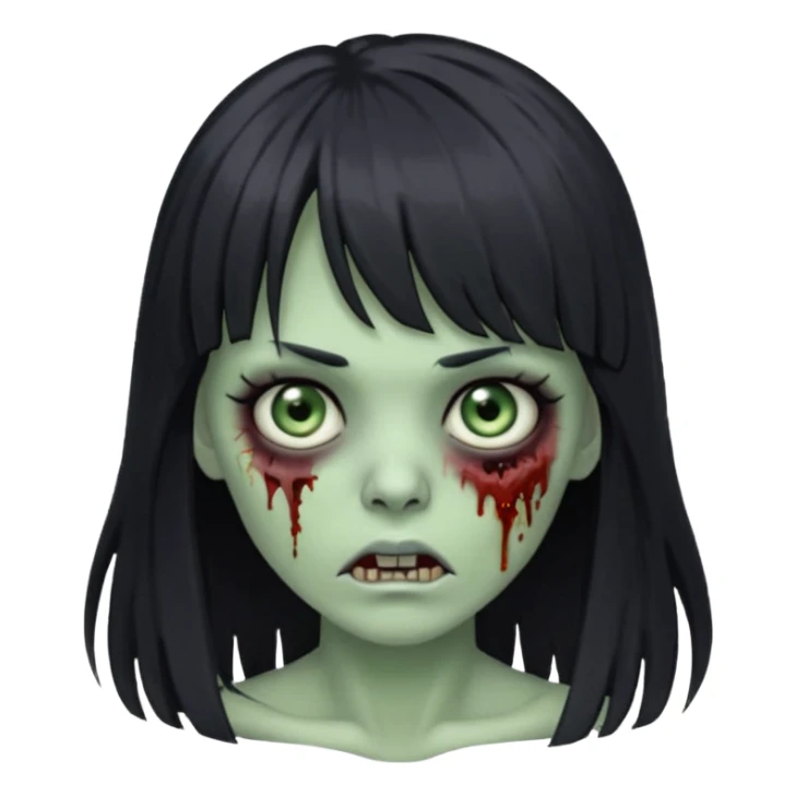 Emoji de mulher verde zumbi cabelos longos pretos e franja sticker