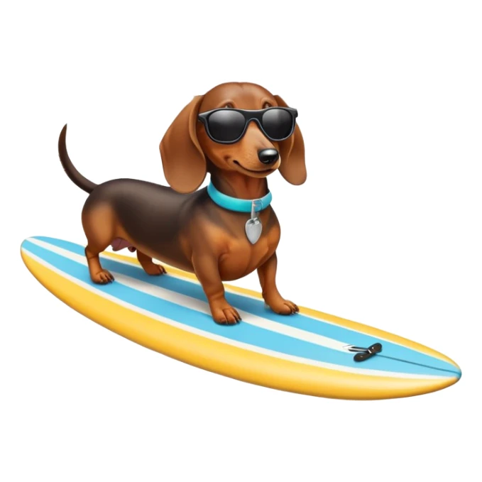 A dachshund riding a surf board with sunglasses  sticker