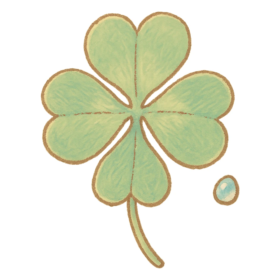 four-leaf clover, pastel Japanese hand-drawn sticker style, full object, transparent background, with a tiny dew drop sticker