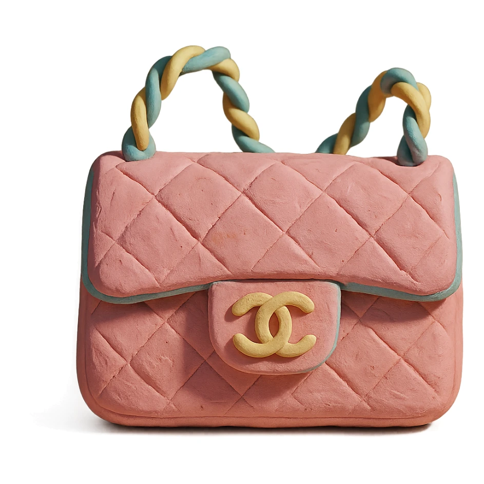 pink Chanel purse, claymation style, soft pastel colors, visible fingerprints, playful look sticker