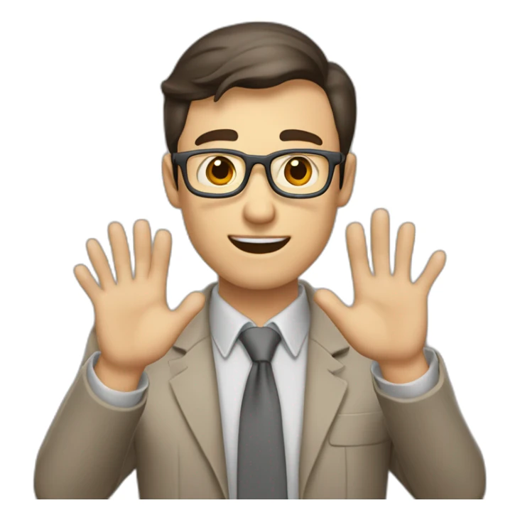 To belt Actively gesturing with hands Pale skinned fit man teacher with dark brown hair in gray jacket, beige office shirt, brown tie, brown pants and vintage glasses. sticker