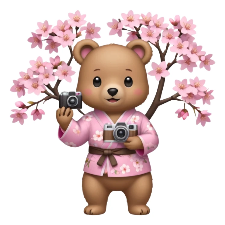 A cute light-brown bear wearing a pastel pink sakura-patterned kimono, normal balanced body ratio.  
Standing under a blooming sakura tree, holding a small camera and taking a picture with a happy smile.  
Kawaii emoji style, minimalistic clean sticker illustration, simple scenic background.
 sticker