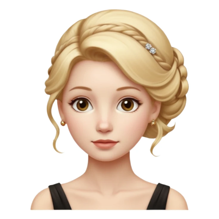 Cinematic Realistic Rococo Portrait, depicted with lifelike skin texture, subtle rosy undertones, and soft natural lighting that enhances the gentle contours of her face. Her intricately detailed golden blonde hair is elegantly styled in an updo, sticker
