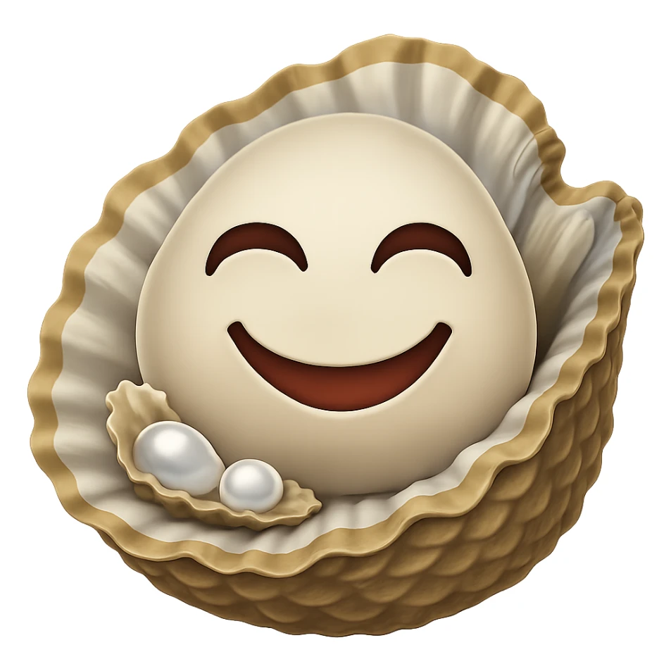 Add a smiling face to the oyster in emoji style, keep the look consistent with emoji style, no background. sticker