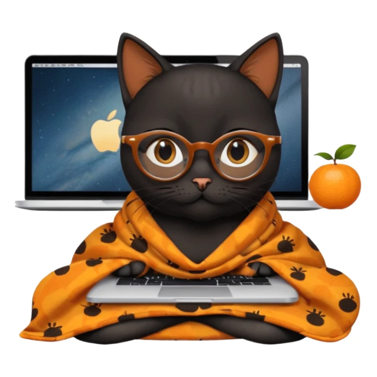 A black female cat working on a MacBook, with long, black straight lashes, round glasses and she wears a blanket with an orange fruit pattern sticker