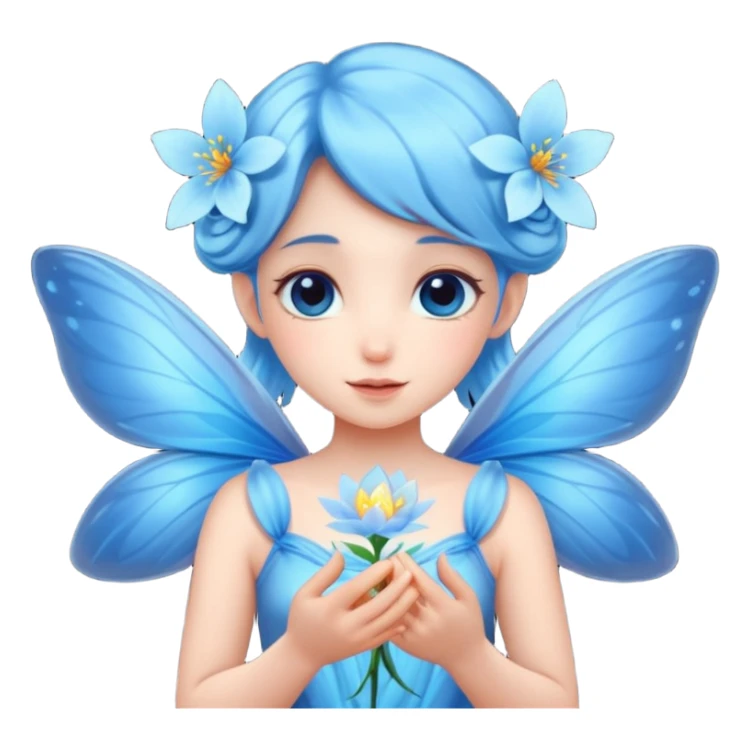 A shy fairy with soft blue wings, gently holding a glowing blossom.
 sticker