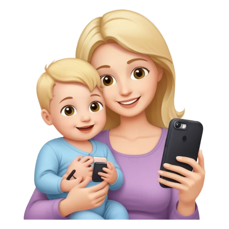 happy mother holding phone taking selfie with smiling baby sticker