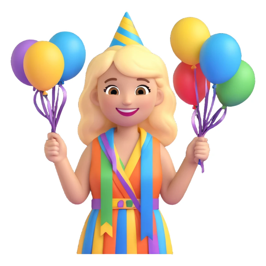 happy party girl, 3D emoji style, big smile, streamers sticker