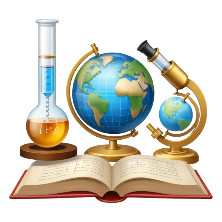 Icon for Scientific and Educational Reading: an open book with mathematical formulas, a microscope, a test tube, and a globe. The icon should represent the curiosity and knowledge found in scientific and academic books. Transparent background. sticker