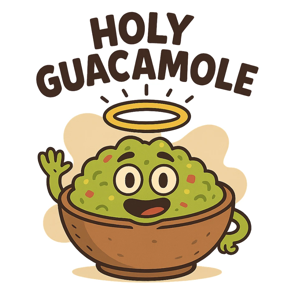 cartoon guacamole bowl with a halo, 'holy guacamole' text sticker