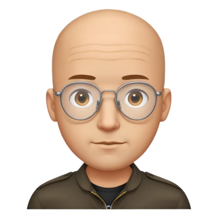 Oval-faced man with large forehead, aviator glasses, completely bald sides with extremely short dark curly hair only on crown, light brown skin, friendly neutral expression, black shirt sticker