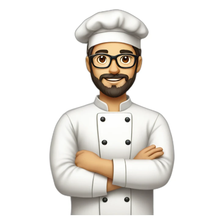 30 years old chef with beard and smooth short dark hair and big glasses proudly holding a pizza sticker