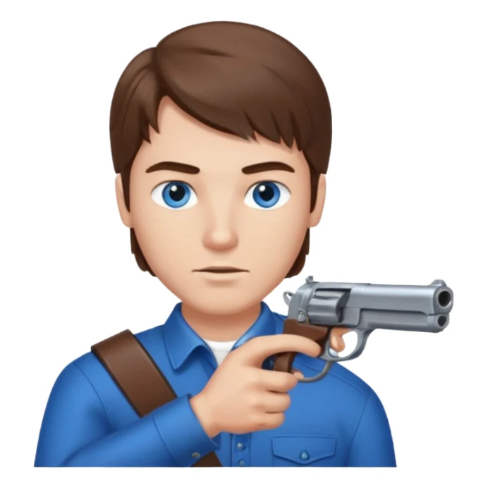 guy w medium long brown hair and blue eyes with gun pointing at head sticker